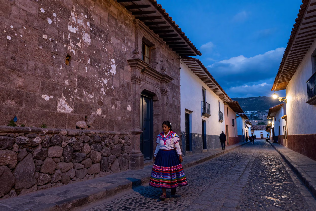 Cusco Peru Indigo Twilight Street Scene with Andean Architecture and Local Life in in Cusco, Peru