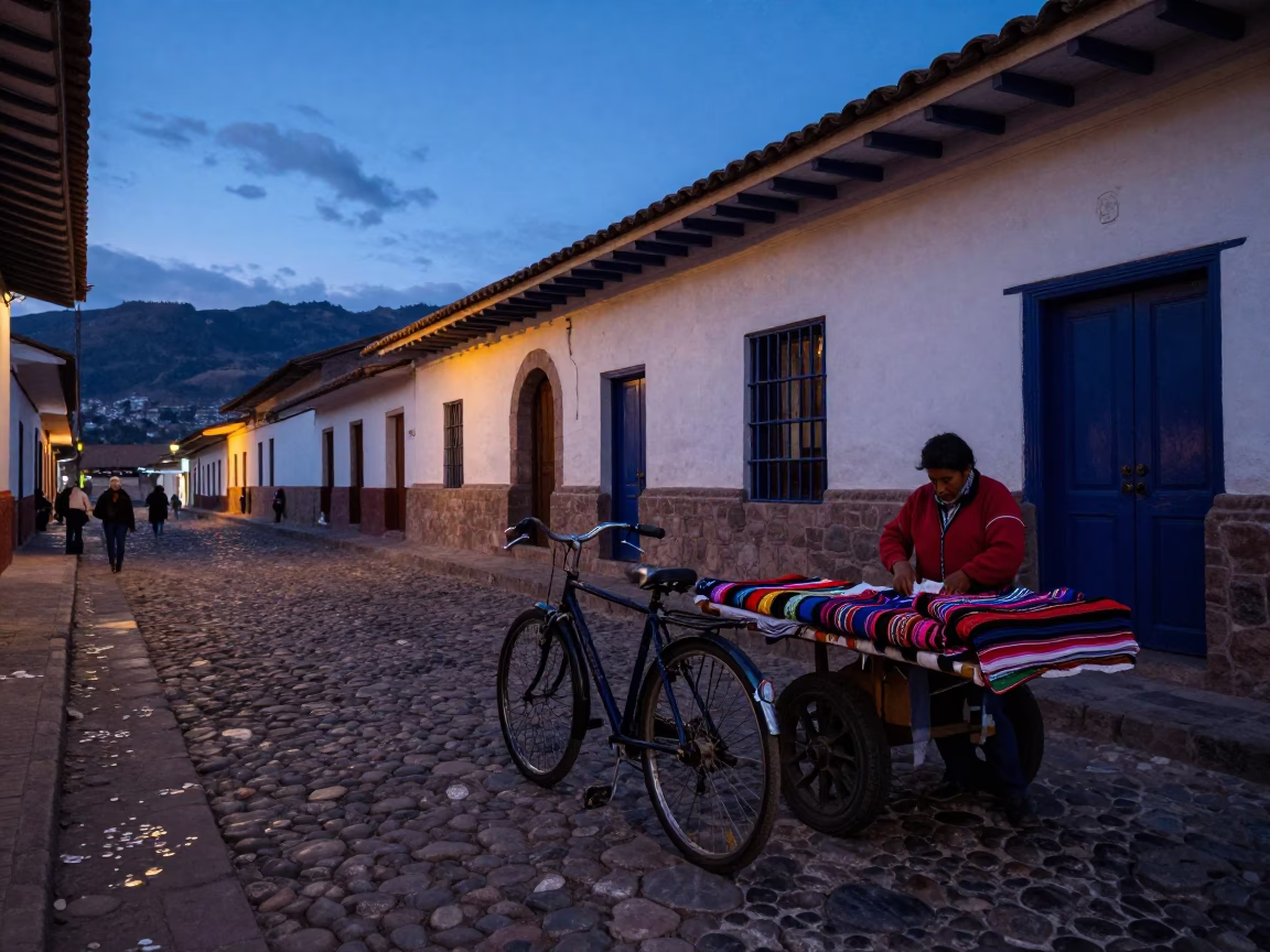 Cusco Peru Indigo Twilight Street Scene with Bicycle and Local Market Activity in in Cusco, Peru