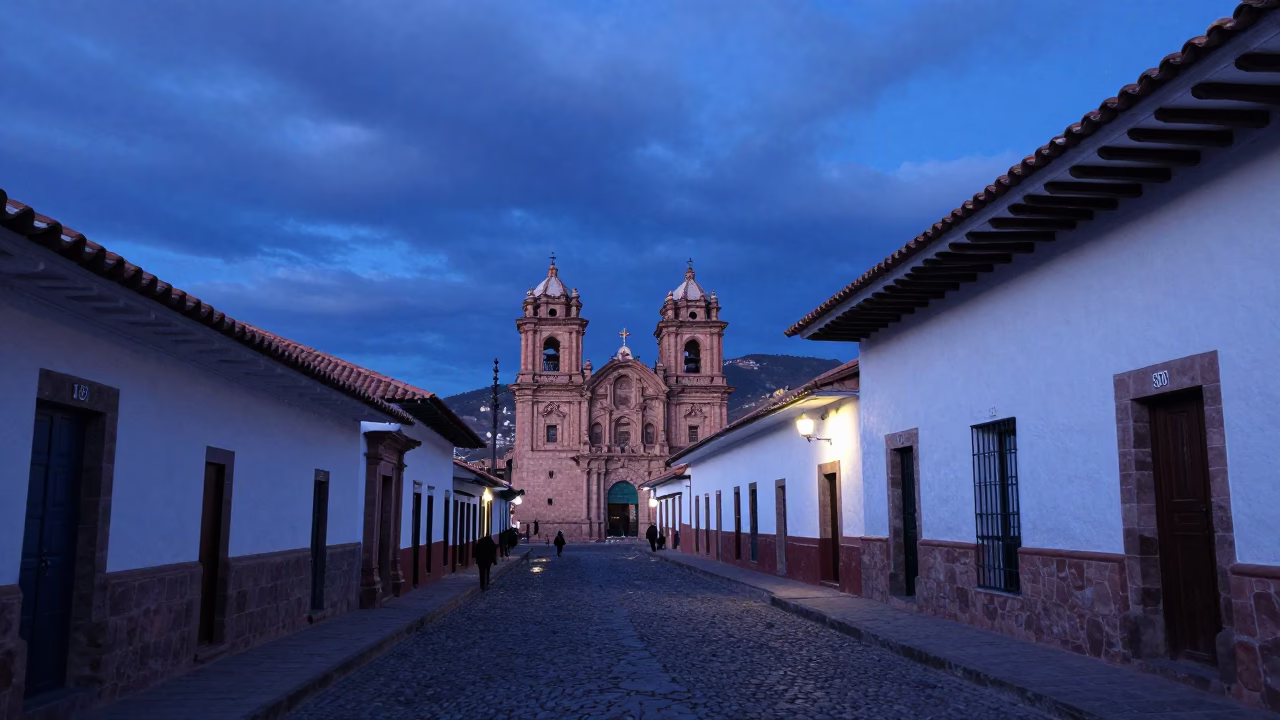 Cusco Peru indigo twilight street scene with colonial architecture and local life in in Cusco, Peru