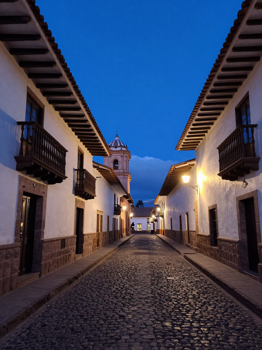 Cusco Peru indigo twilight street scene with colonial architecture and local vendors in in Cusco, Peru