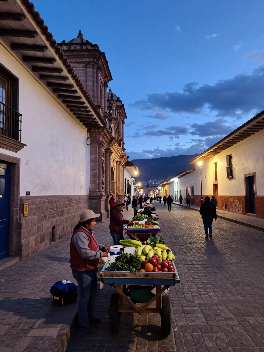 Cusco Peru indigo twilight street scene with local vendors and colonial architecture in in Cusco, Peru