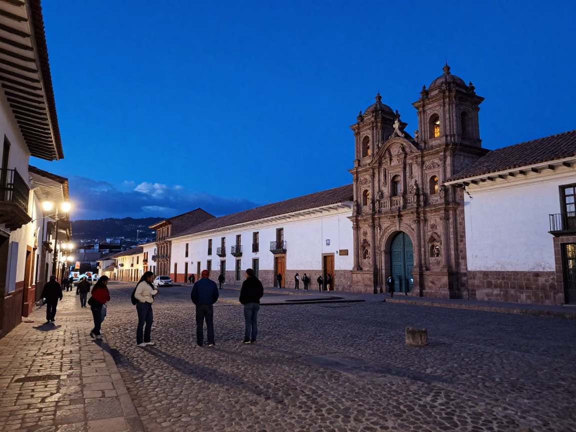 Cusco Peru indigo twilight street scene with locals and traditional architecture in in Cusco, Peru