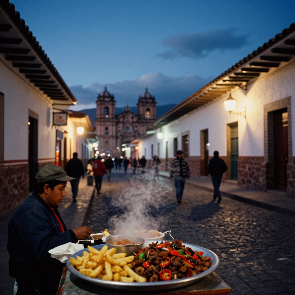 Cusco Peru indigo twilight street scene with lomo saltado and embroidered textiles in in Cusco, Peru