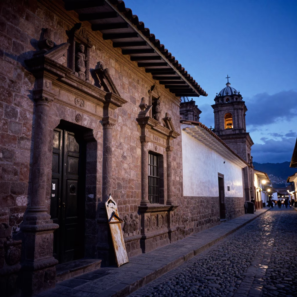 Cusco Peru Indigo Twilight Street Scene with Stone Architecture and Local Details in in Cusco, Peru