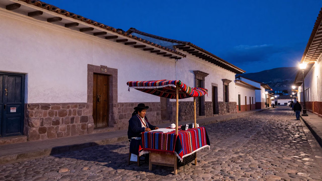 Cusco Peru indigo twilight street scene with traditional textile vendor and colonial architecture in in Cusco, Peru