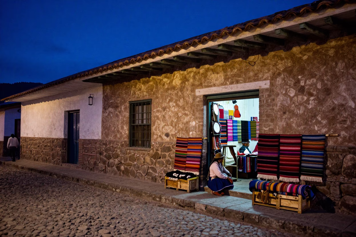 Cusco Peru indigo twilight street scene with traditional textiles and adobe architecture in in Cusco, Peru
