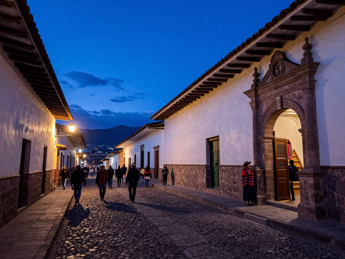 Cusco Peru indigo twilight street scene with traditional textiles and colonial architecture in in Cusco, Peru
