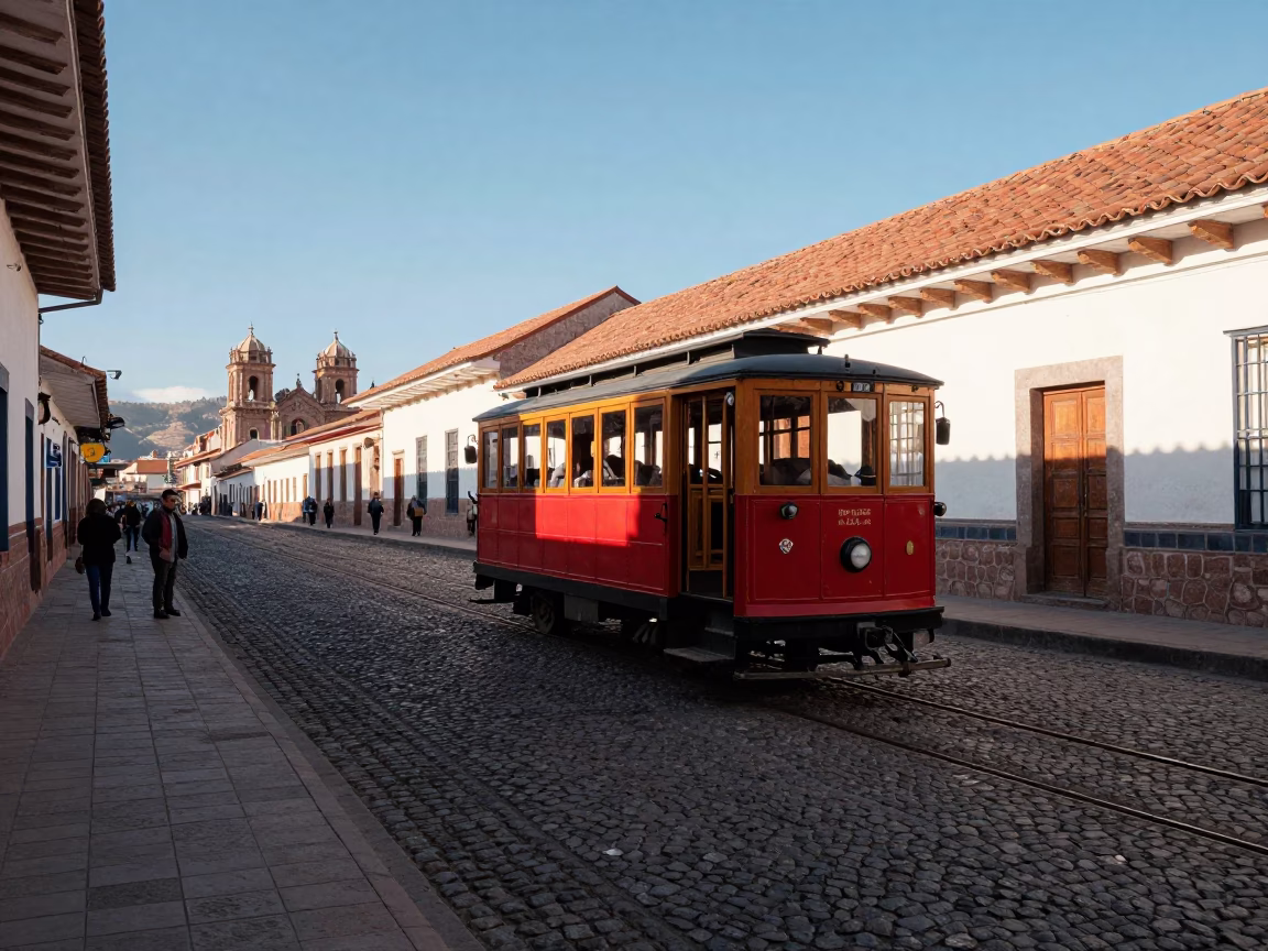 Cusco Peru Late Afternoon Light Heritage Tram Cobblestone Avenue and Local Street Scene in in Cusco, Peru