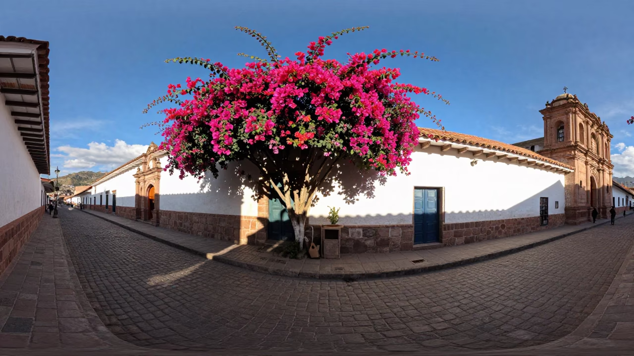 Cusco Peru Late Afternoon Street Scene with Bougainvillea and Local Market Activity in in Cusco, Peru