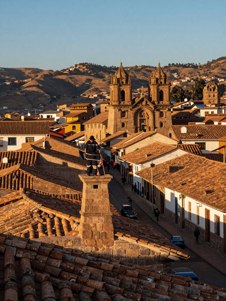 Cusco Peru Late Afternoon Street Scene with Chimney Sweep on Rooftop in in Cusco, Peru