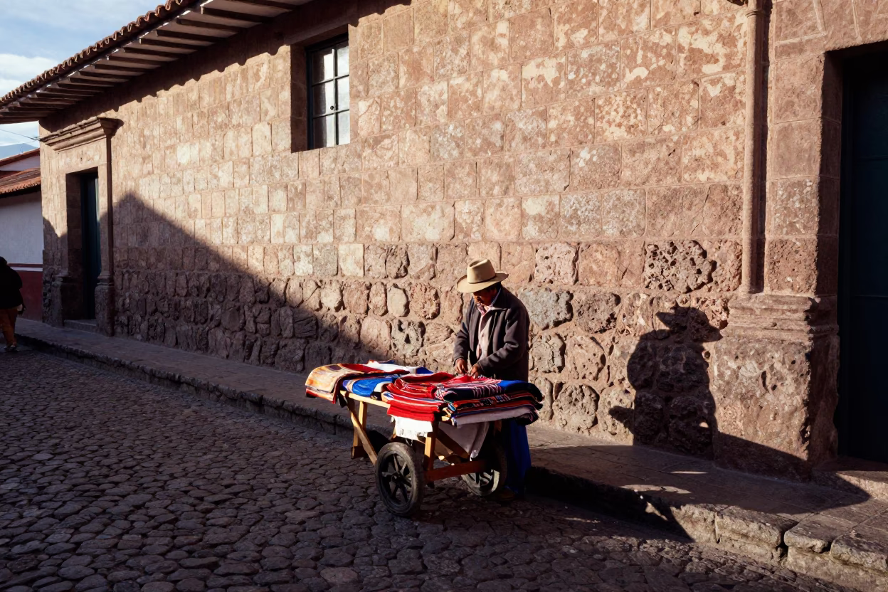 Cusco Peru Late Afternoon Street Scene with Local Artisan and Traditional Architecture in in Cusco, Peru