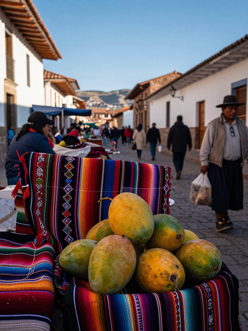 Cusco Peru Late Afternoon Street Scene with Mangoes and Traditional Textiles in in Cusco, Peru