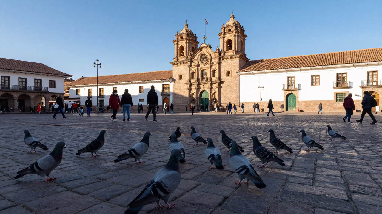 Cusco Peru Late Afternoon Street Scene With Pigeons On Cobblestone Plaza in in Cusco, Peru