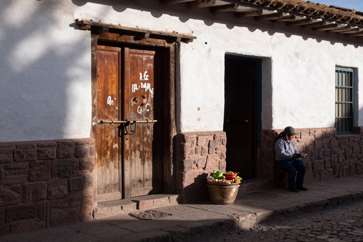 Cusco Peru Late Afternoon Street Scene with Traditional Food and Local Life in in Cusco, Peru