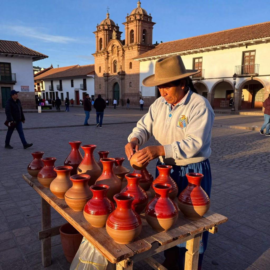 Cusco Peru Late Afternoon Street Scene with Traditional Pottery and Cobblestone Plaza in in Cusco, Peru