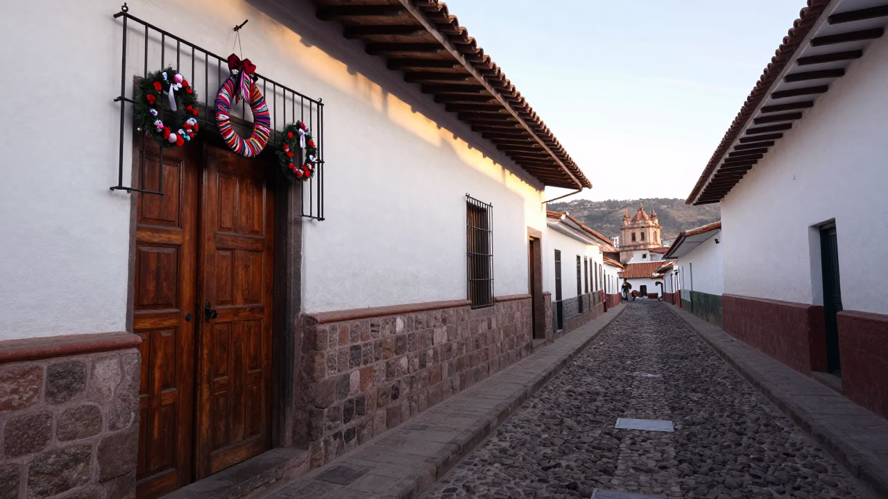 Cusco Peru Late Morning Street Scene with Door Wreaths and Local Market Activity in in Cusco, Peru