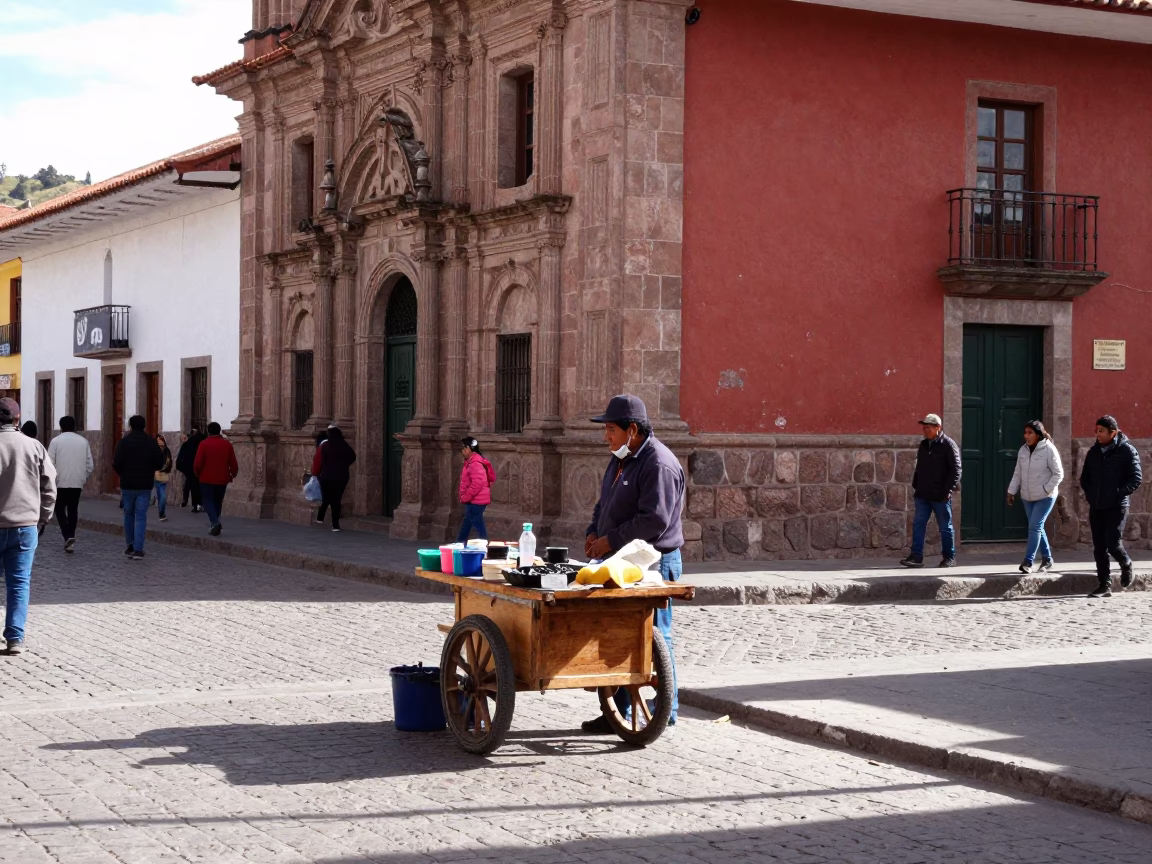 Cusco Peru Late Morning Street Scene With Local Vendor And Wooden Mallet in in Cusco, Peru
