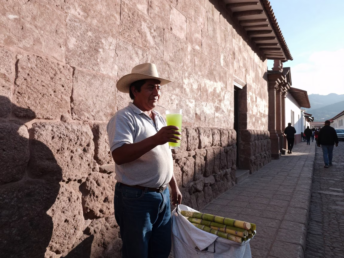 Cusco Peru Late Morning Street Scene With Sugarcane Juice Vendor in in Cusco, Peru