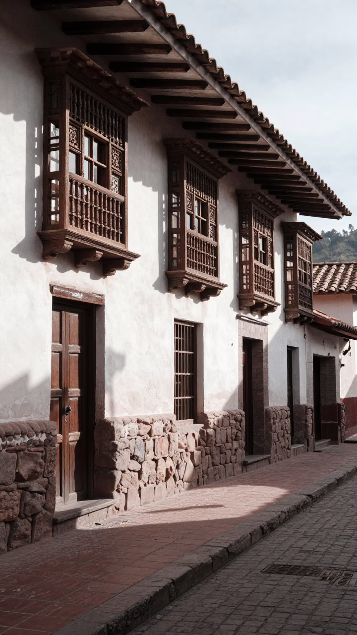 Cusco Peru Late Morning Street Scene with Traditional Architecture and Local Life in in Cusco, Peru