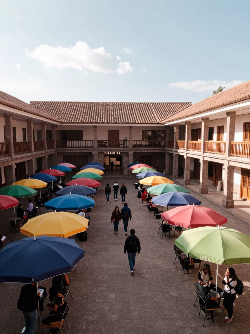 Cusco Peru Late Morning University Courtyard Umbrellas and Seminar Blocks Street Photography in in Cusco, Peru