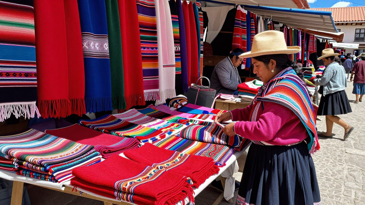 Cusco Peru Market Stall Noon Light Colorful Textiles and Local Commerce in in Cusco, Peru