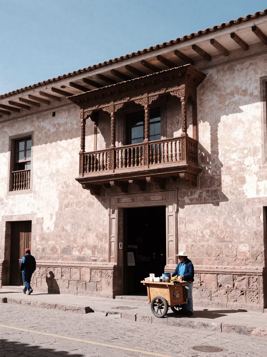 Cusco Peru Midday Street Scene Colonial Architecture and Local Commerce in in Cusco, Peru