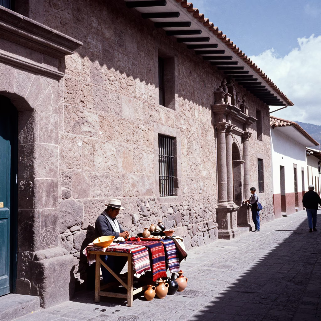 Cusco Peru midday street scene with colonial stone architecture and local vendors in in Cusco, Peru