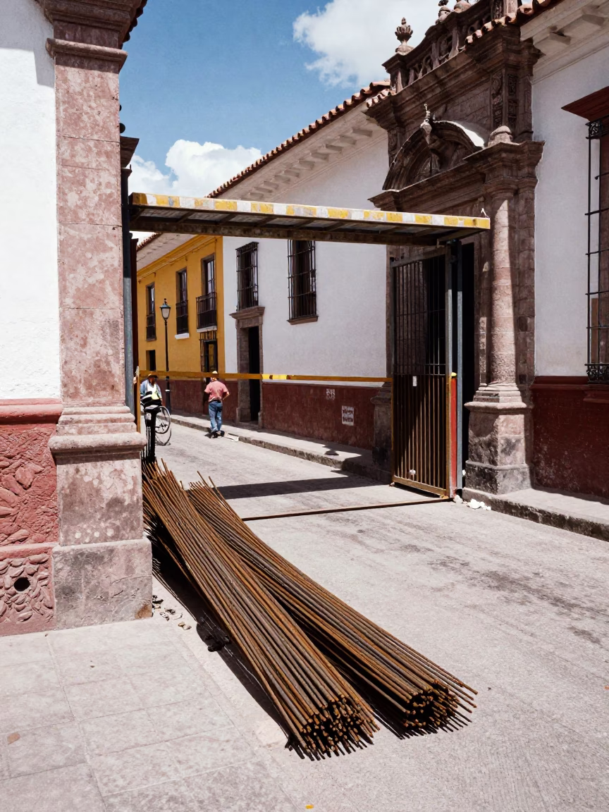Cusco Peru Midday Street Scene with Construction Elevator Gate and Rebar Bundles in in Cusco, Peru