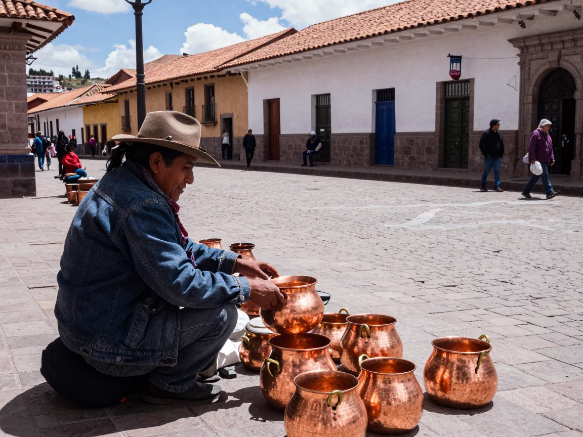 Cusco Peru Midday Street Scene with Copper Pots and Local Vendor Interaction in in Cusco, Peru