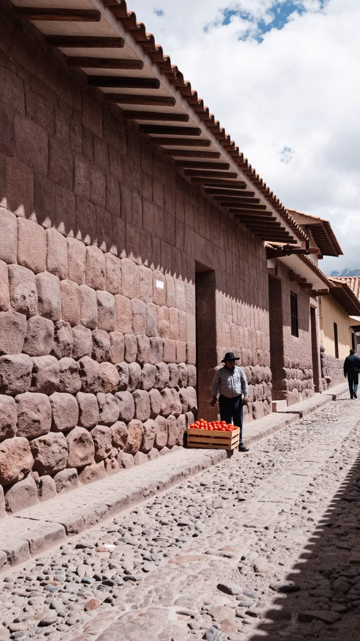 Cusco Peru Midday Street Scene with Inca Stone Walls and Local Vendor in in Cusco, Peru