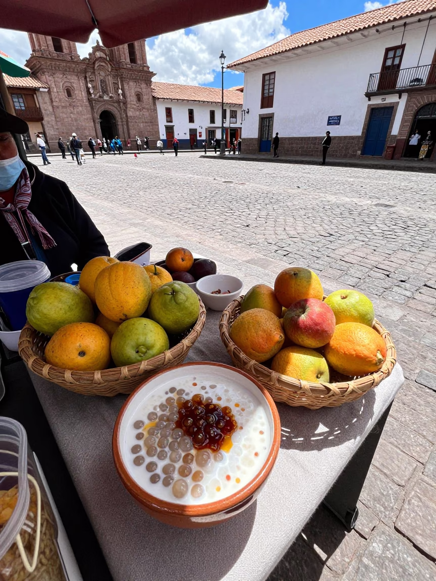 Cusco Peru Midday Street Scene with Traditional Market Goods and Colonial Architecture in in Cusco, Peru
