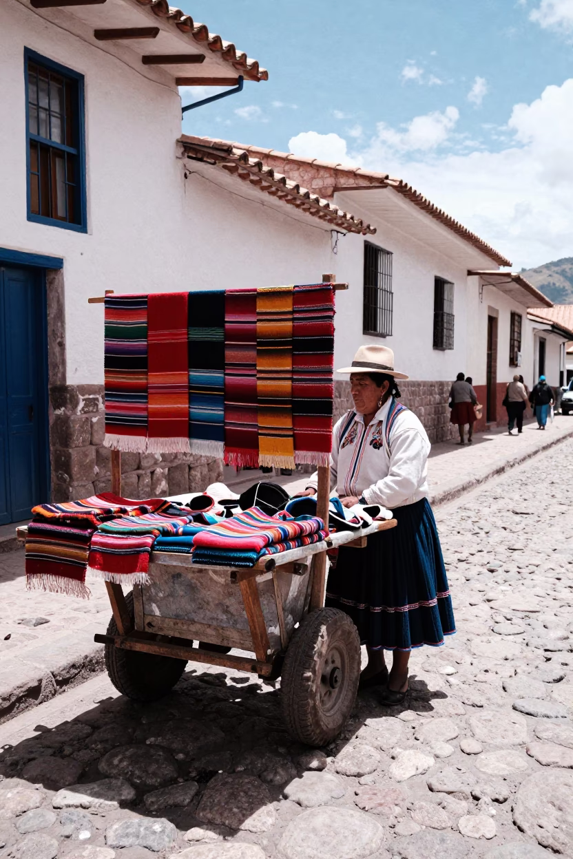 Cusco Peru Midmorning Street Scene with Local Vendor and Traditional Textiles in in Cusco, Peru