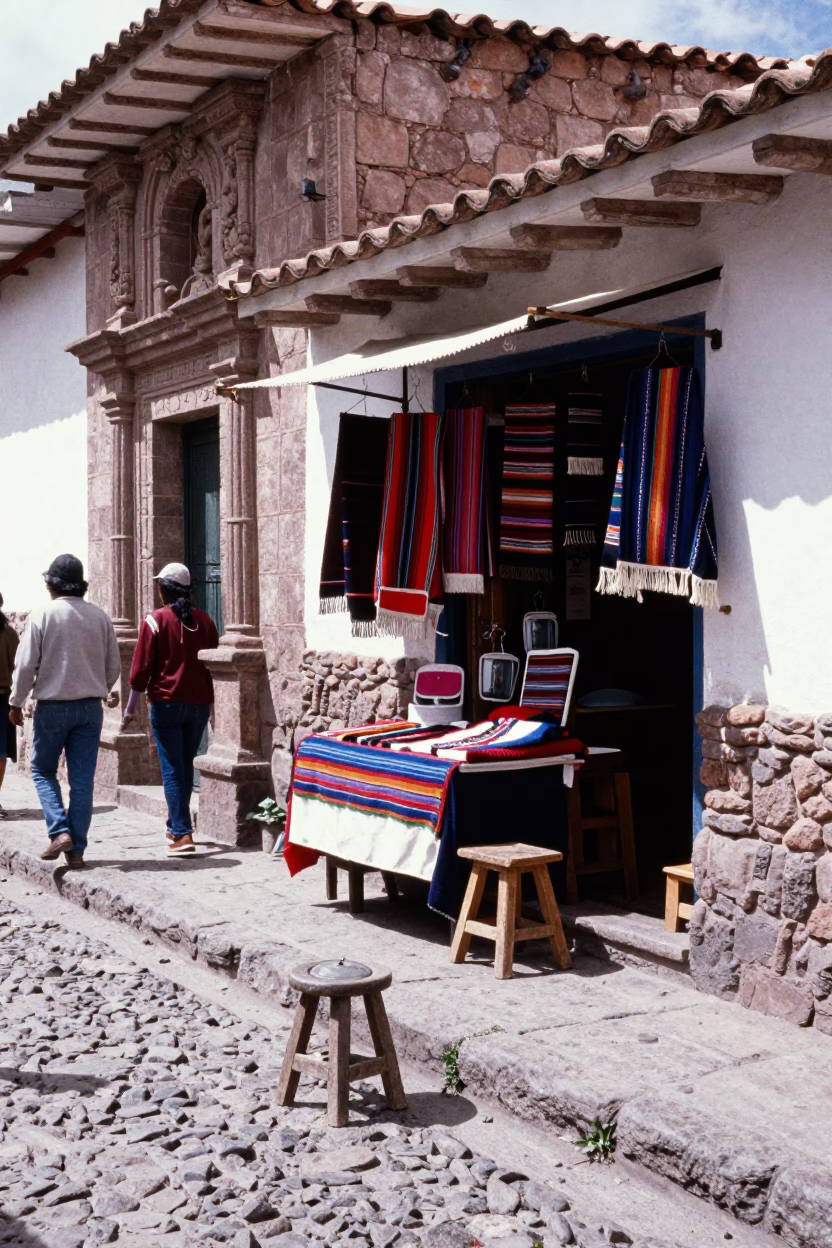 Cusco Peru Midmorning Street Scene with Stool and Pot Lid Scratches in in Cusco, Peru
