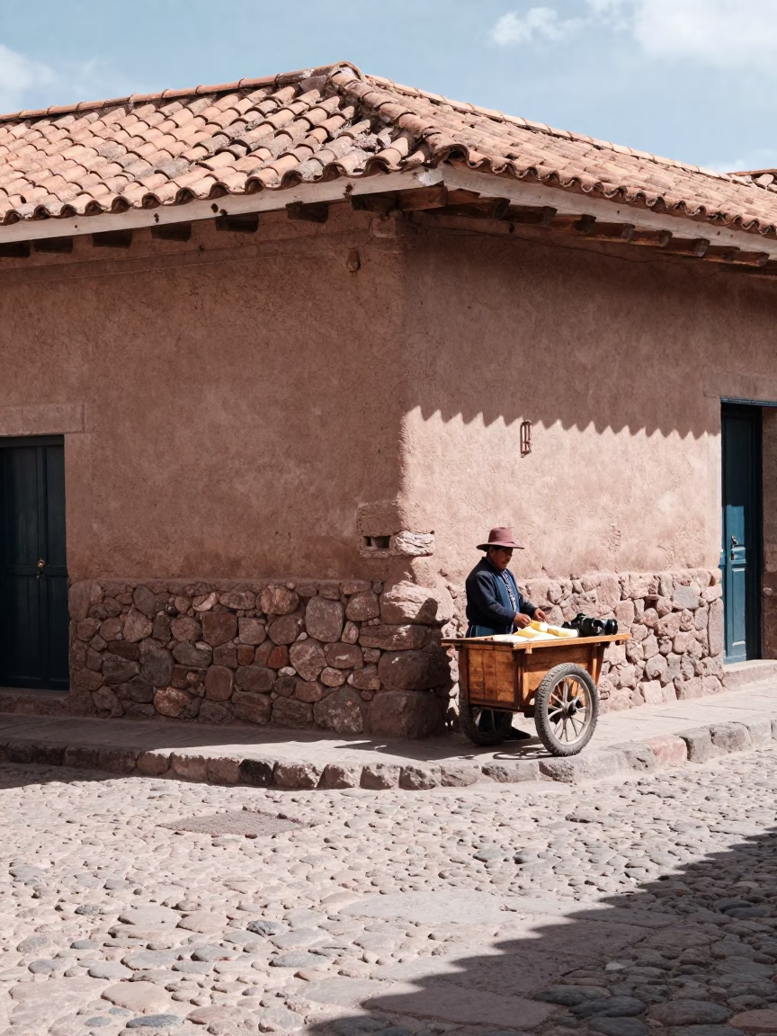 Cusco Peru midmorning street scene with traditional adobe architecture and daily life in in Cusco, Peru