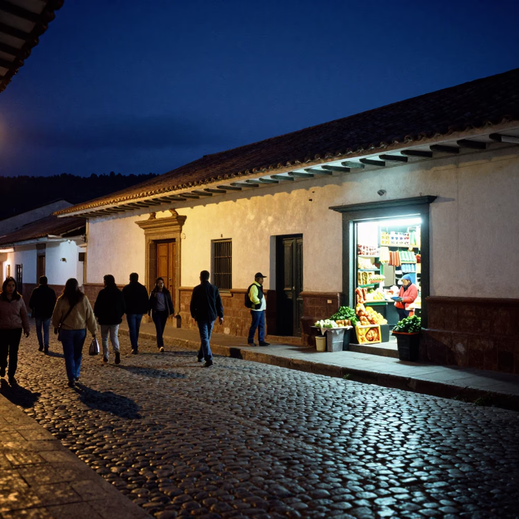 Cusco Peru Midnight Street Scene with Colonial Architecture and Local Life in in Cusco, Peru