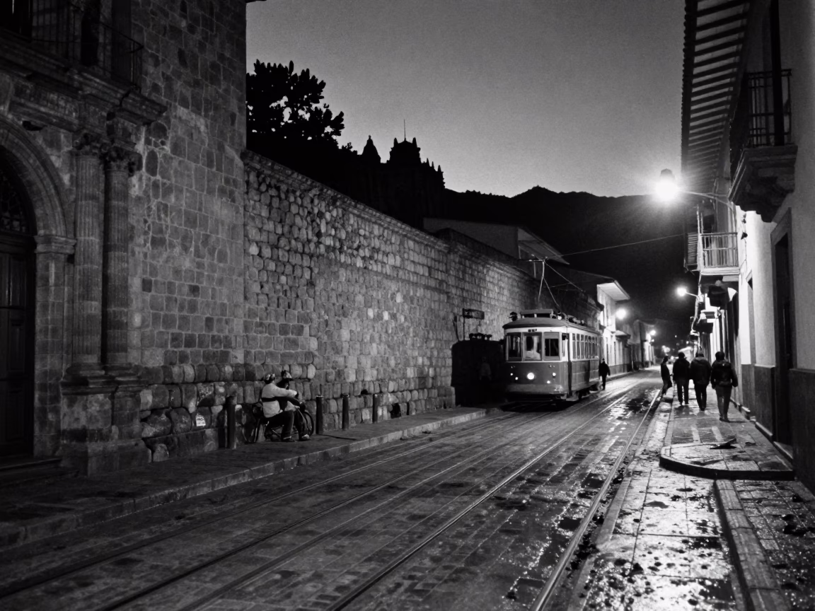 Cusco Peru Midnight Street Scene with Grease Sheen on Stone Wall and Tram Hill in in Cusco, Peru