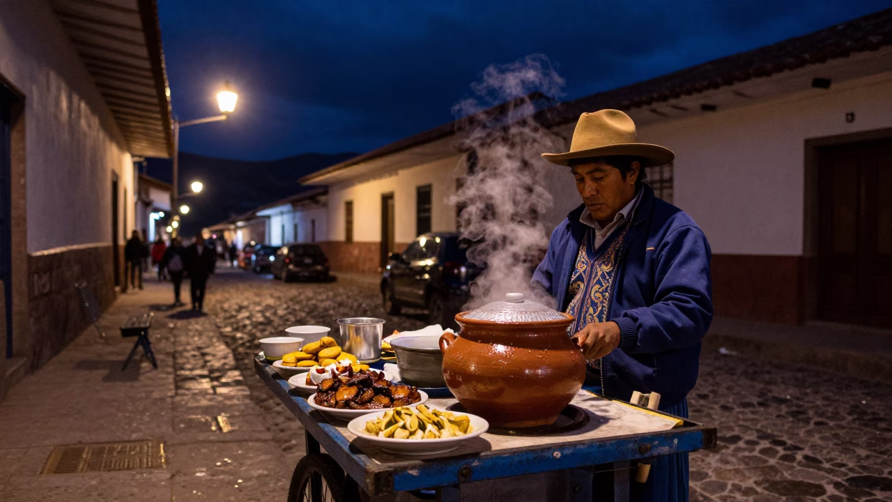 Cusco Peru Midnight Street Scene with Traditional Food and Local Architecture in in Cusco, Peru