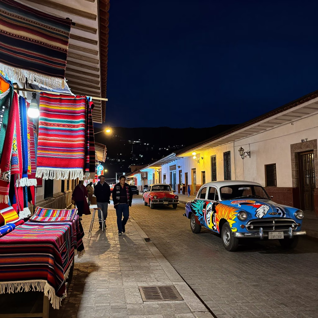 Cusco Peru Midnight Street Scene with Traditional Textiles and Neon Signs in in Cusco, Peru