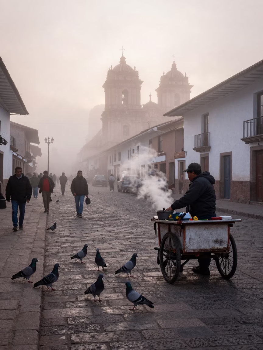 Cusco Peru Misty Dawn Street Scene With Pigeons And Steam in in Cusco, Peru