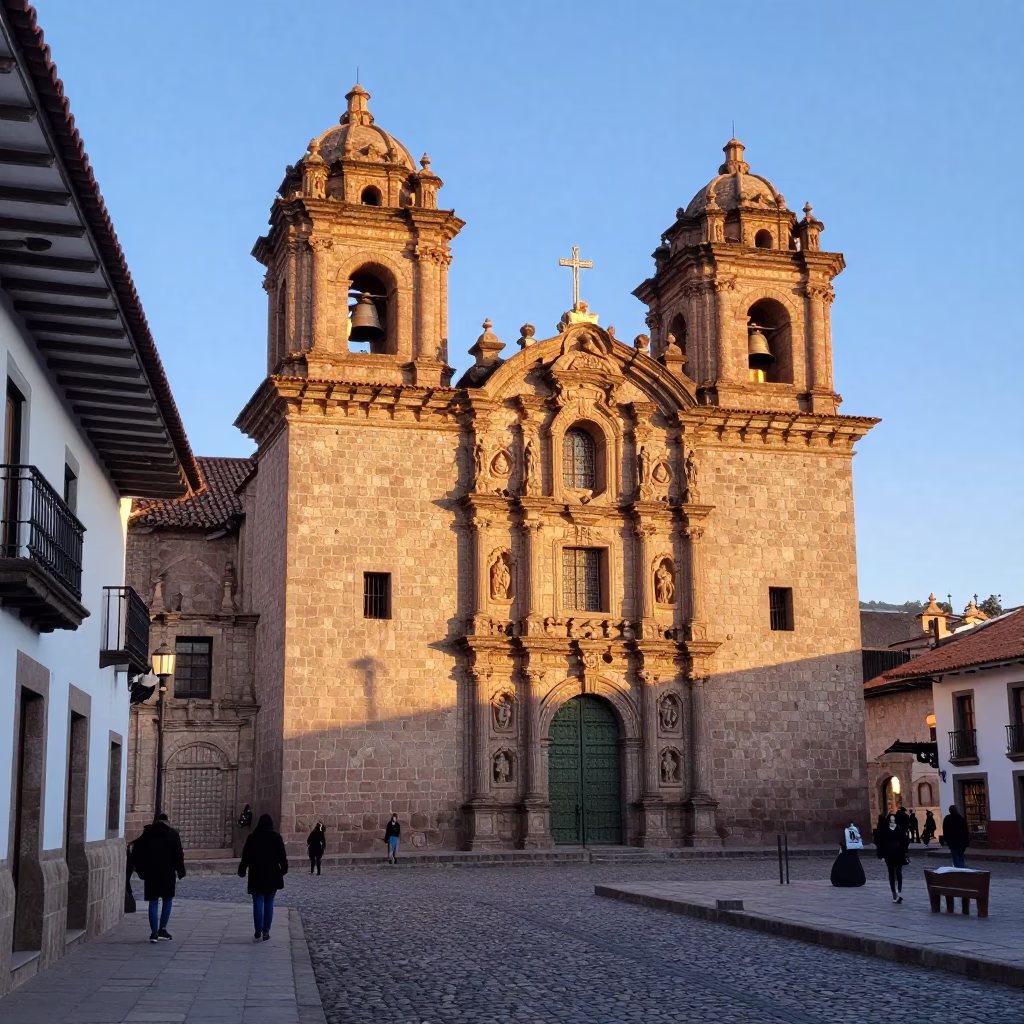 Cusco Peru Morning Light Illuminating Colonial Stone Architecture and Street Life in in Cusco, Peru