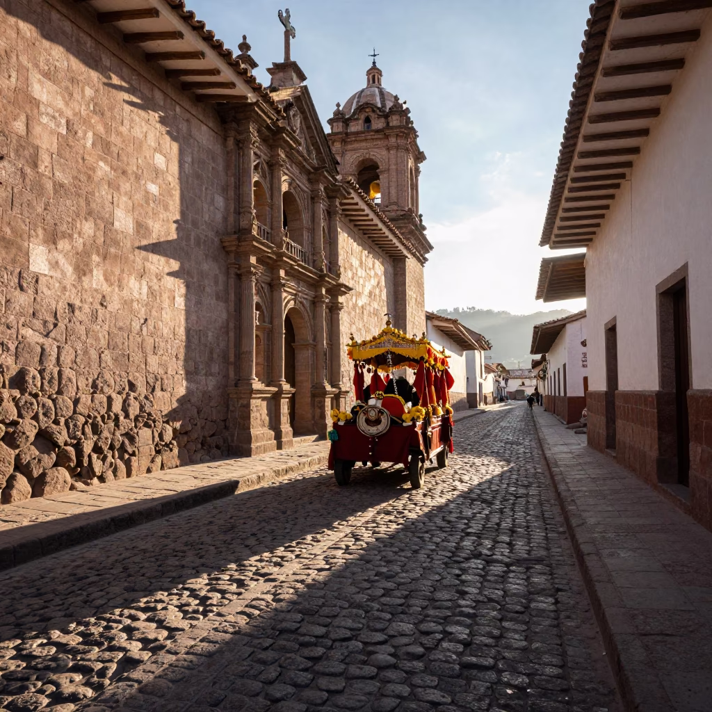 Cusco Peru Morning Light Processional Float Narrow Cobblestone Street in in Cusco, Peru