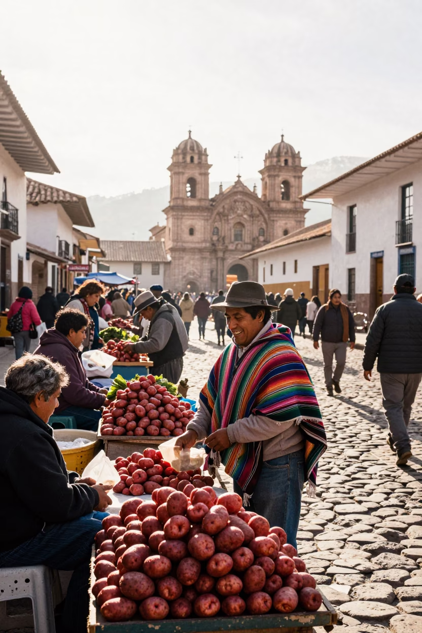 Cusco Peru Morning Market Street Scene with Local Vendors and Traditional Textiles in in Cusco, Peru