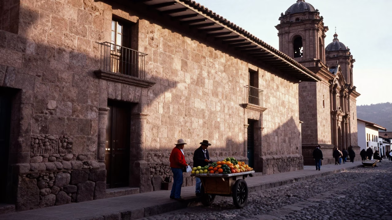 Cusco Peru Morning Street Scene with Colonial Stone Architecture and Local Commerce in in Cusco, Peru