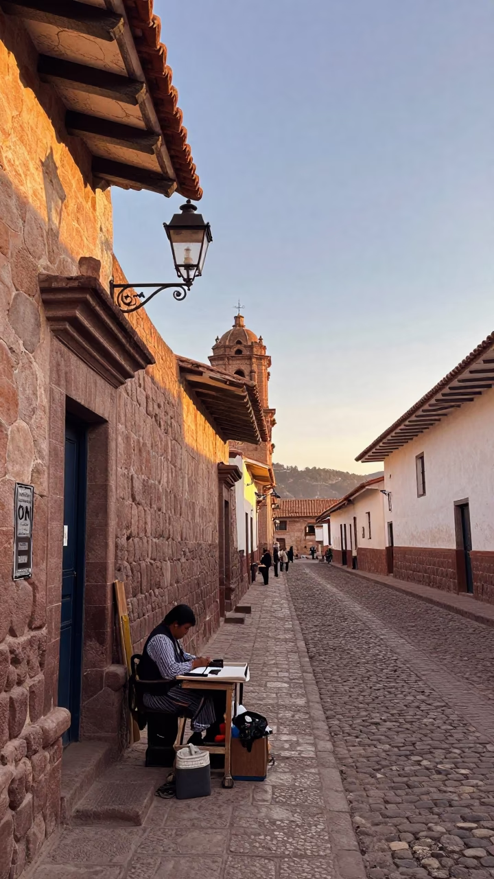 Cusco Peru Morning Street Scene with Hammered Metal Lanterns and Colonial Architecture in in Cusco, Peru