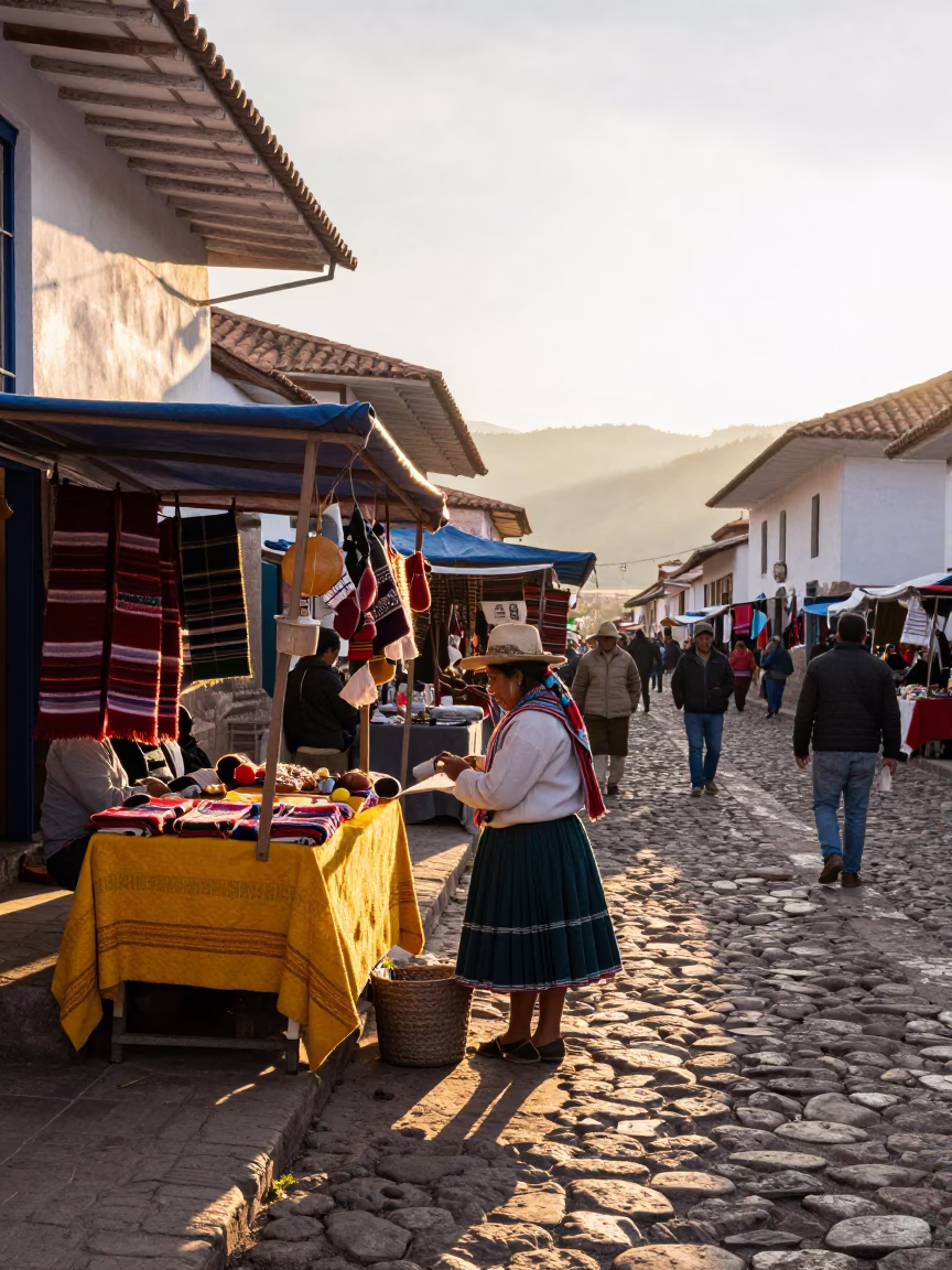 Cusco Peru Morning Street Scene with Local Vendor and Traditional Andean Textiles in in Cusco, Peru