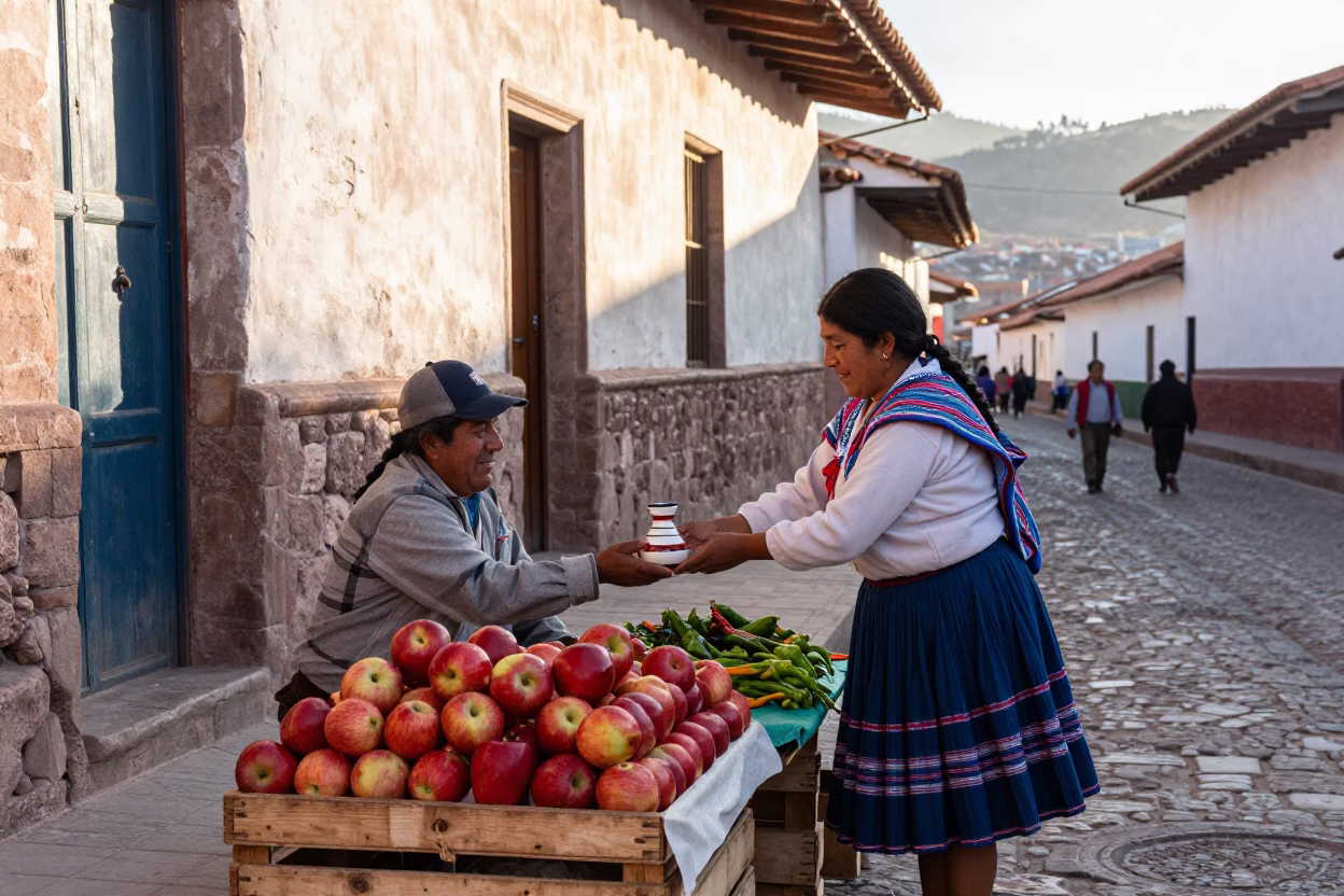 Cusco Peru Morning Street Scene with Traditional Market Goods and Local Life in in Cusco, Peru
