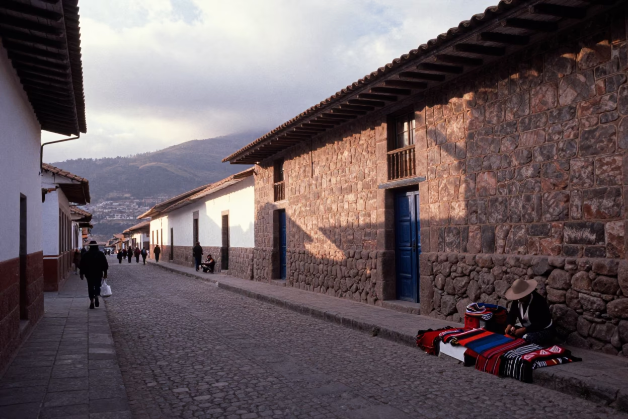 Cusco Peru Morning Street Scene with Traditional Textiles and Colonial Architecture in in Cusco, Peru