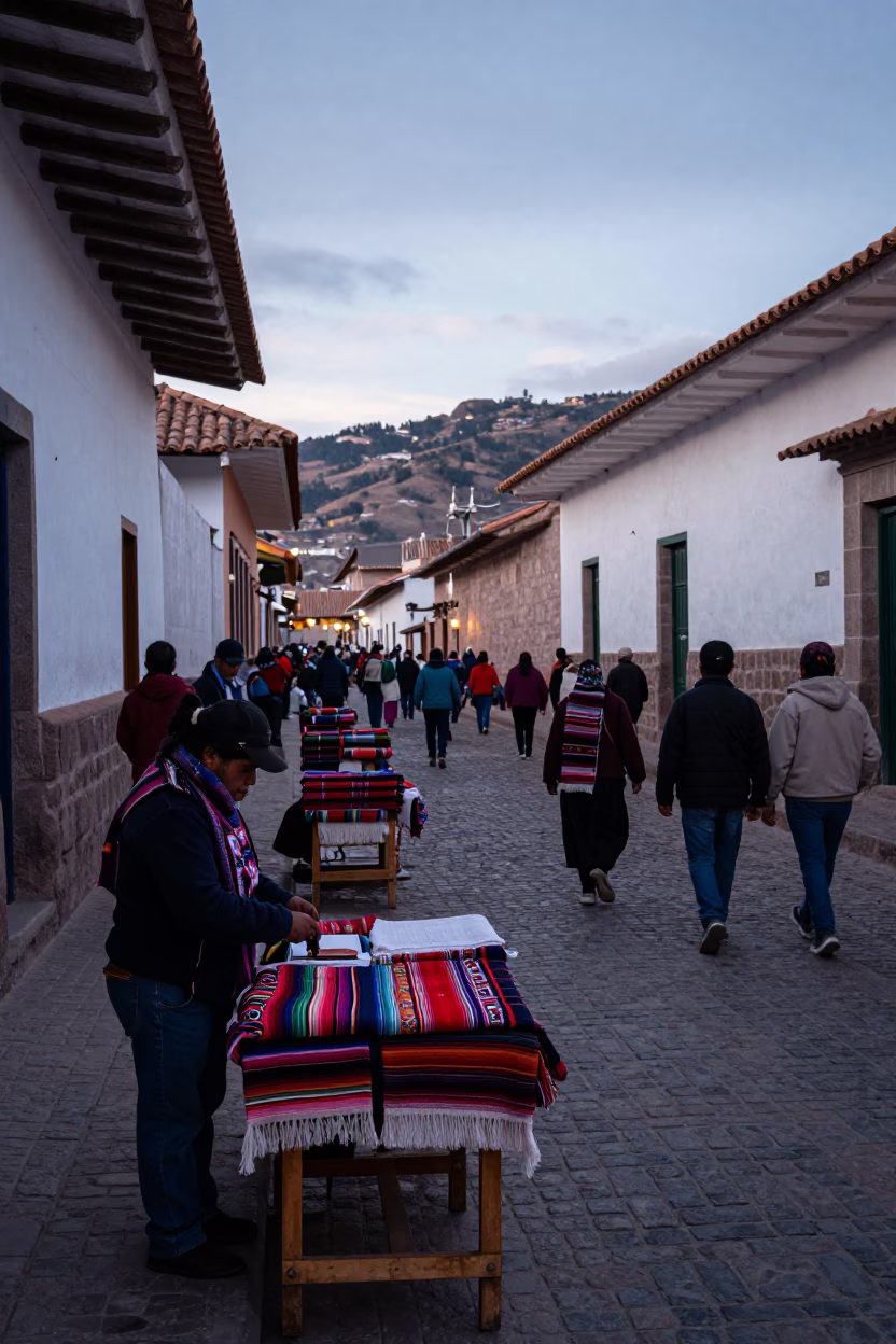 Cusco Peru Nautical Dawn Busy Street Scene with Traditional Textiles and Colonial Architecture in in Cusco, Peru