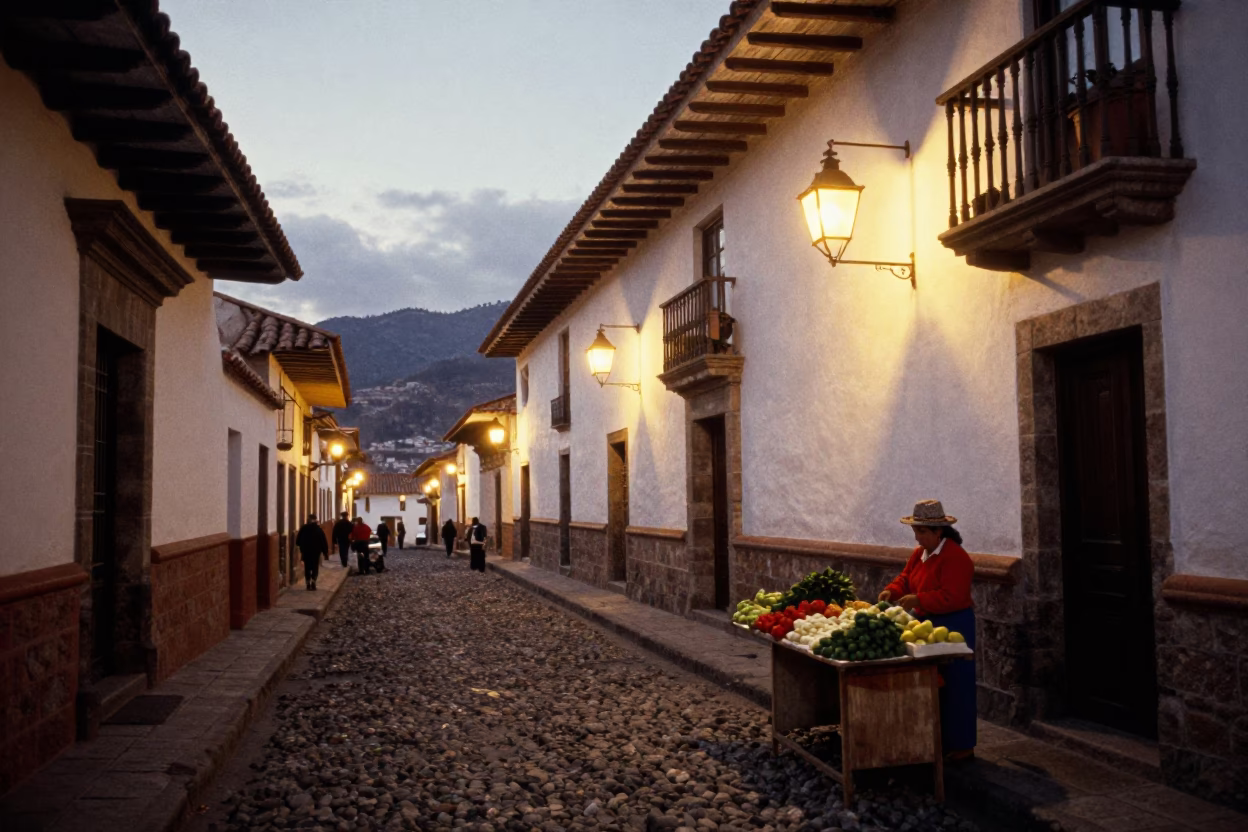 Cusco Peru Nautical Dawn Lantern Lit Alley Street Scene with Local Market Activity in in Cusco, Peru