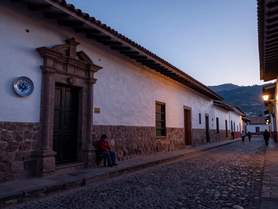 Cusco Peru Nautical Dawn Street Scene with Blue Porcelain Plate and Ferns in in Cusco, Peru